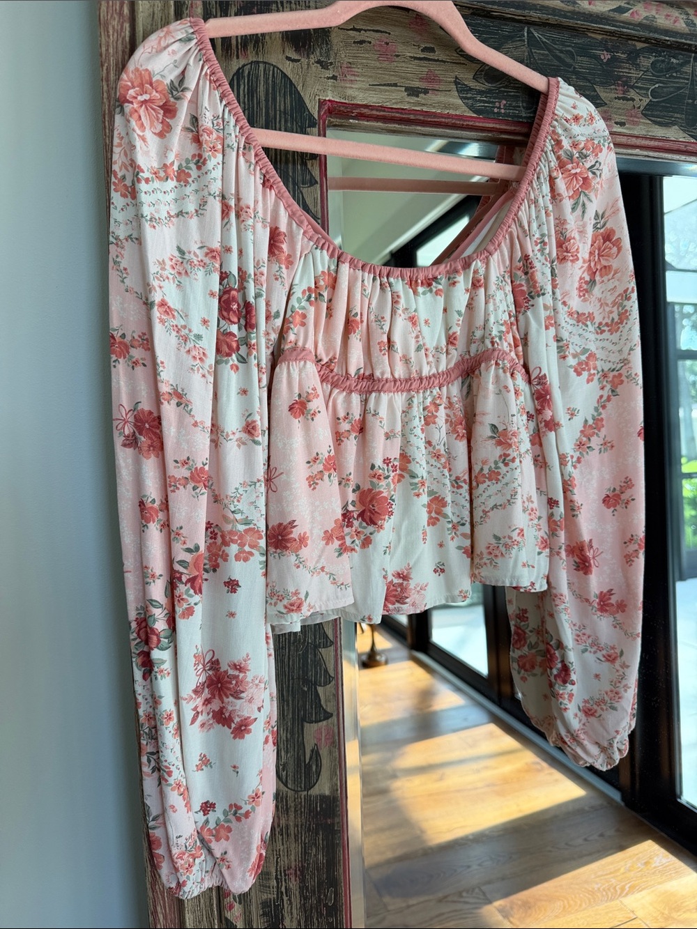 Altar'd State Blush Pink Floral Tie-Front Peasant Top - Picture 3 of 4